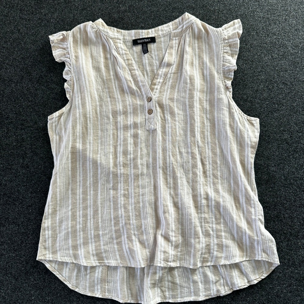 Ellen Tracy Womens Tan White Striped‎ Linen Blend Ruffle Sleeve V-Neck Top Large